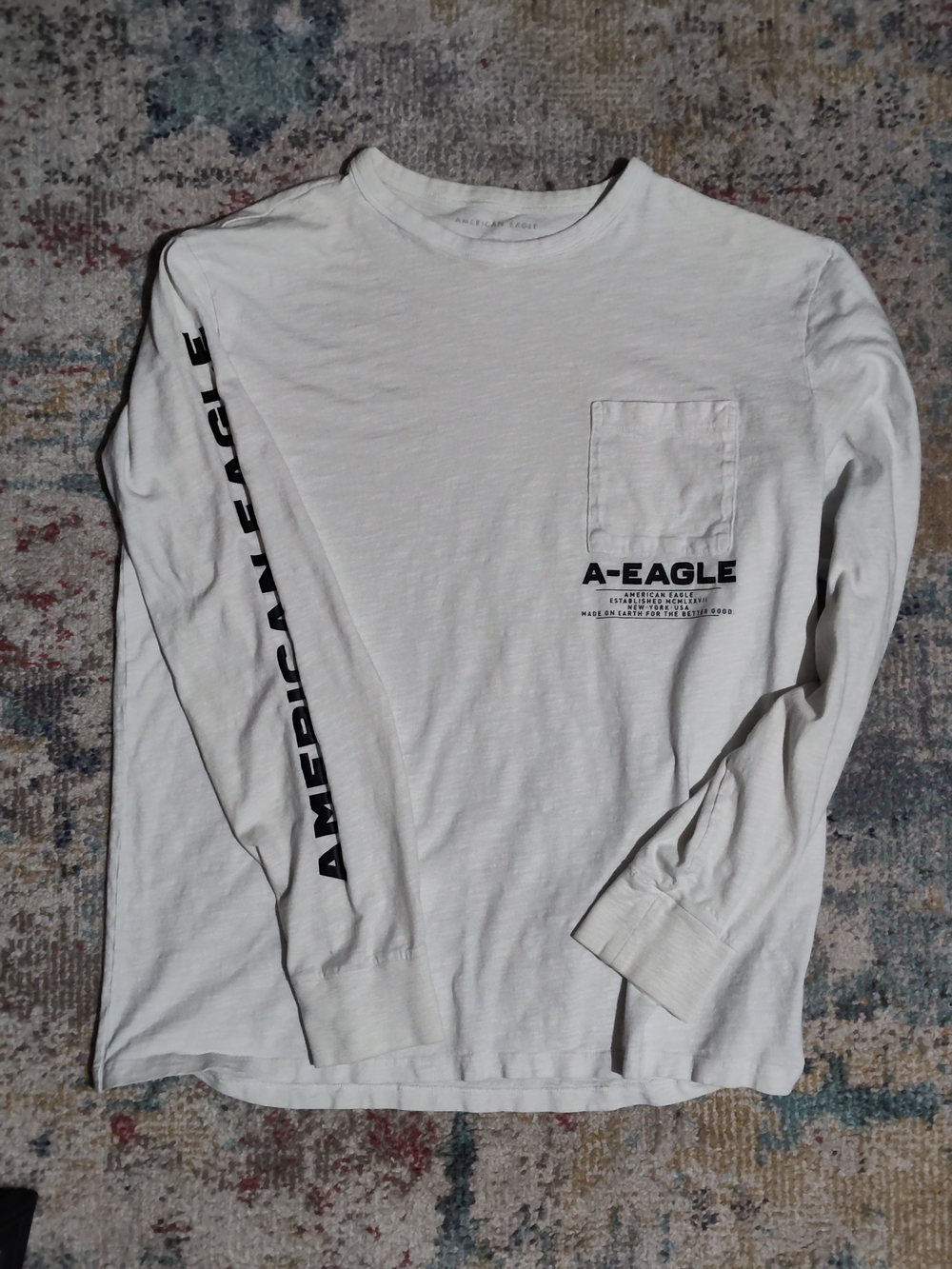 American Eagle Outfitters White Long Sleeve Pocket Tee with Black Logo
